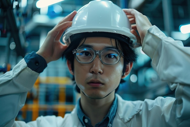 Porträt eines erfolgreichen japanischen männlichen Ingenieurs, der in einer Elektronikfabrik einen weißen Hut trägt, ein Spezialist der Schwerindustrie, der über fortschrittliche Technologieprojekte in der Produktion nachdenkt