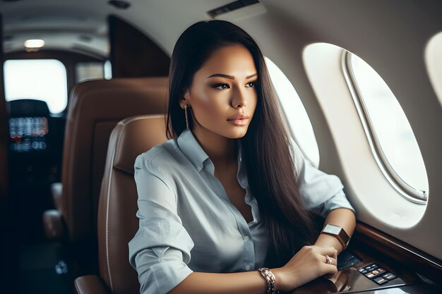 Porträt eines erfolgreichen Mädchens in einem Privatjet. Neuronales Netzwerk KI generiert