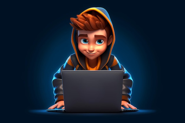 Porträt eines erfolgreichen Programmierers, Spieleentwicklers oder Programmierers, der einen Computer-Laptop für die Arbeit nutzt. Spieldesign Hacker-Junge Generative Ai Cyber Gamer