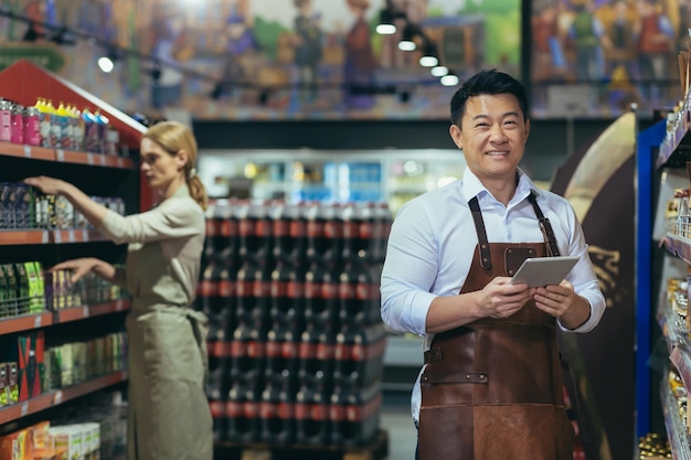 Porträt eines erfolgreichen und glücklichen asiatischen Verkäufers in einem Supermarkt, den ein Mann in einer Schürze betrachtet