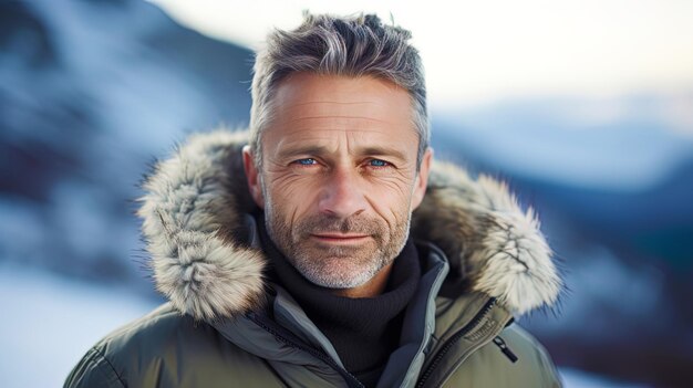 Foto porträt eines erwachsenen mannes mit einer winterlandschaft im hintergrund