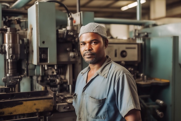 Foto porträt eines fabrikarbeiters am arbeitsplatz an der maschine generative ki