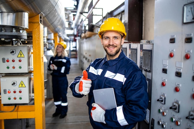 Porträt eines Fabrikarbeiters, der in einer petrochemischen Industrieraffinerie Daumen hochhält