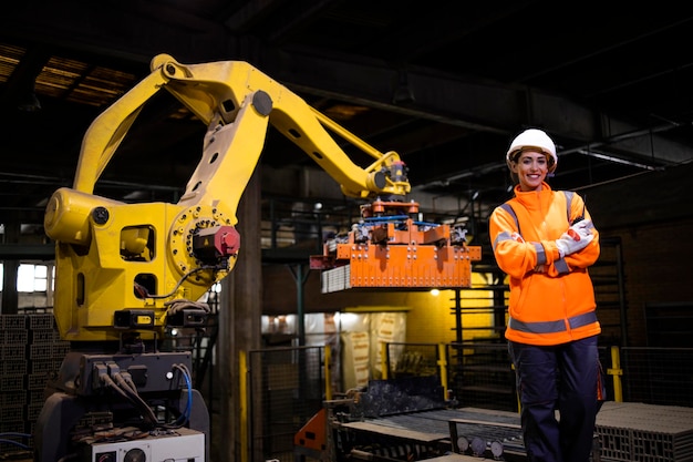 Porträt eines Fabrikingenieurs, der neben einer Industrierobotermaschine steht und den Herstellungsprozess beobachtet