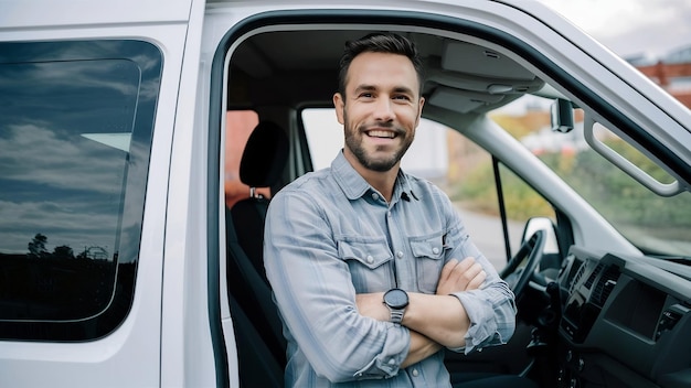 Porträt eines Fahrers, der in seinem Lieferwagen steht und lächelt