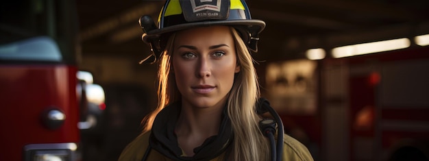 Porträt eines Feuerwehrmanns im Dienst Foto einer weiblichen Feuerwehrmannin in der Nähe einer Feuerwehrmaschine