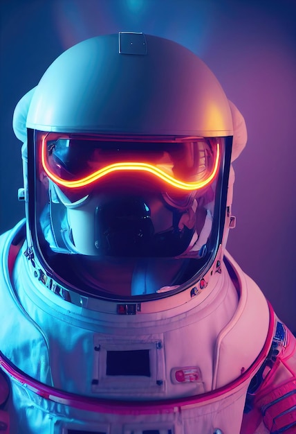 Porträt eines fiktiven Astronauten im Neonlicht im Raumanzug Hightech-Astronaut aus der Zukunft