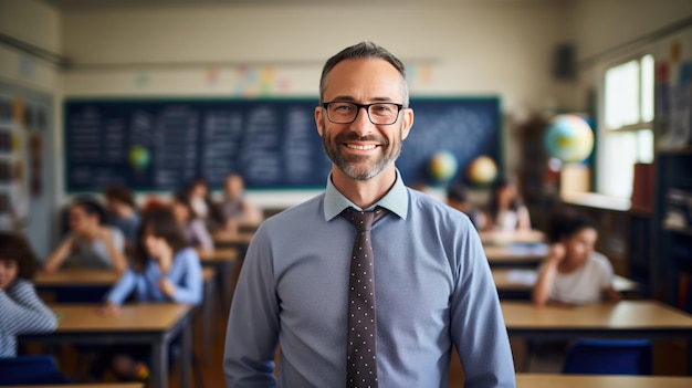 Porträt eines freundlichen männlichen Schullehrers in einem Klassenzimmer mit einem leichten, offenen Lächeln