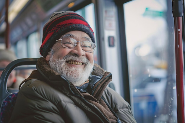 Foto porträt eines fröhlichen älteren mannes, der in einem öffentlichen verkehrsbus oder zug sitzt