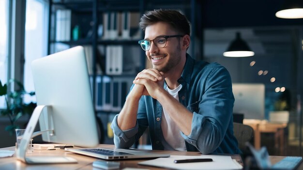 Porträt eines fröhlichen, hübschen, ungeschorenen männlichen Unternehmensmanagers in Brille und Gelegenheitskleidung, der sitzt