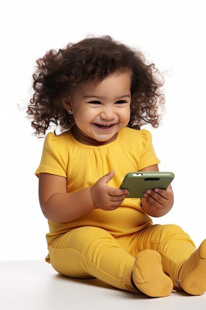 Porträt eines fröhlichen modernen Mädchens mit Smartphone in der Hand auf weißem Hintergrund