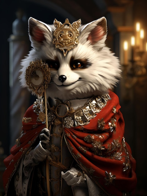 Porträt eines Fuchses, der eine venezianische Maskerade-Maske trägt Elegante Kappe und hält Haustier Festkostüm Foto
