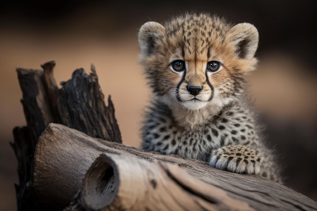 Porträt eines Gepardenbabys mit großen Augen, das auf einem toten Baumstamm im südafrikanischen Kruger Park sitzt