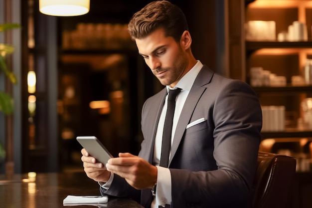 Porträt eines Geschäftsmannes im Anzug, der ein Tablet benutzt und mit einem Kollegen im Büro lächelt, der von KI generiert wurde