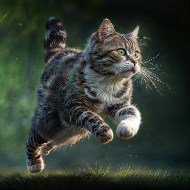 Porträt eines gestreiften Maine Coon-Kätzchens, das in die Luft springt