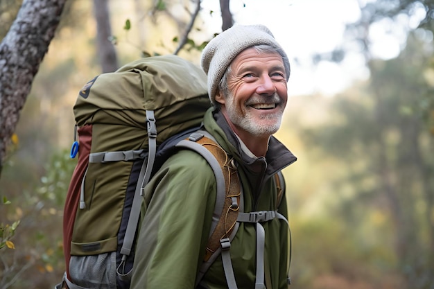 Foto porträt eines glücklichen älteren mannes mit rucksack im wald