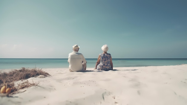 Porträt eines glücklichen älteren Paares, das sich am tropischen Strand ausruht. Generative KI