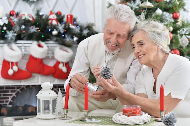 Porträt eines glücklichen älteren Paares, das sich auf Weihnachten vorbereitet
