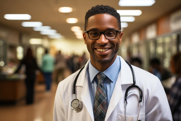 Porträt eines glücklichen afroamerikanischen Arztes im Krankenhauskorridor