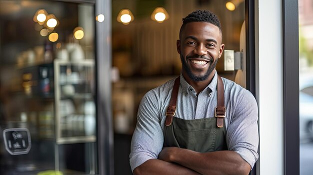 Porträt eines glücklichen afroamerikanischen Mannes, der am Eingang ihres Ladens steht. Fröhliche, reife Kellnerin, die im Café auf Kunden wartet. Kleinunternehmerin Generative Ai