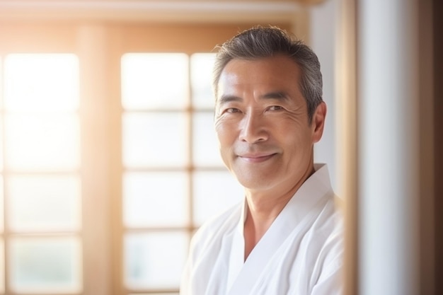 Porträt eines glücklichen asiatischen Mannes mittleren Alters im weißen Kimono
