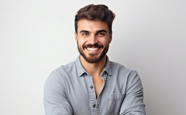 Porträt eines glücklichen, fröhlichen jungen Mannes mit Bart, der lächelt und mit verschränkten Armen vor der Kamera in die Kamera blickt