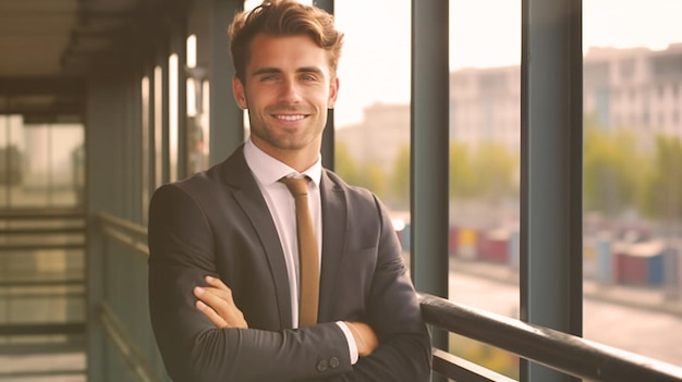 Porträt eines glücklichen Geschäftsmannes, der lächelnd in einem Bürogebäude in der Stadt steht