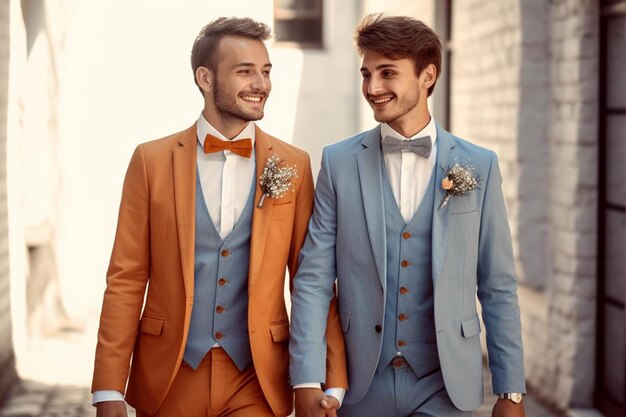 Porträt eines glücklichen homosexuellen Paares am Hochzeitstag Homosexuelle Hochzeit Lgbt-Konzept KI generiert