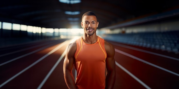 Porträt eines glücklichen, hübschen Sportlers, der im Freien läuft und einen gesunden Lebensstil führt