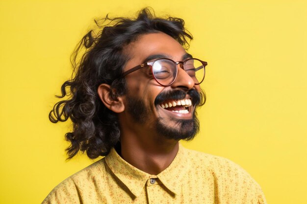 Porträt eines glücklichen indischen Mannes mit Brille auf einem gelben Hintergrund