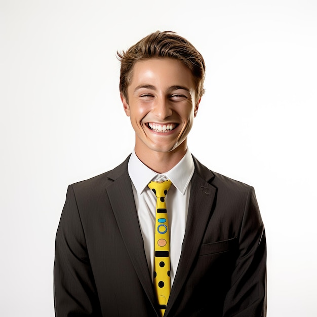 Porträt eines glücklichen jungen Geschäftsmannes, der isoliert auf weißem Hintergrund in die Kamera blickt