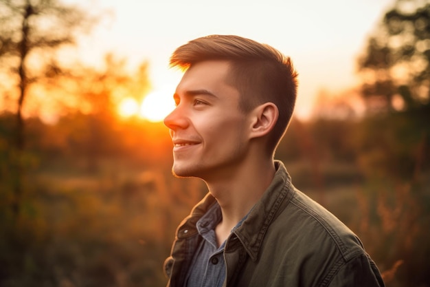 Porträt eines glücklichen jungen Mannes, der die Natur bei Sonnenuntergang genießt