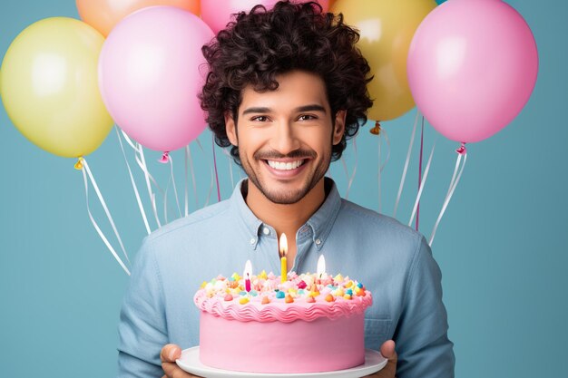 Porträt eines glücklichen jungen Mannes, der Geburtstagskuchen mit Kerzen und Ballons hält