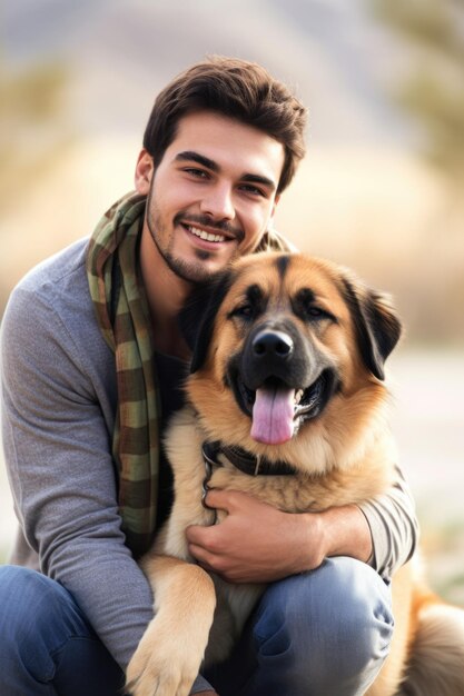 Porträt eines glücklichen jungen Mannes, der mit seinem Hund die Natur genießt, erstellt mit generativer KI