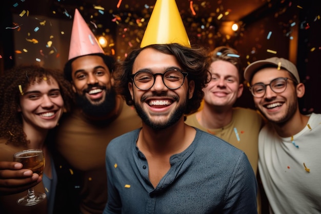 Porträt eines glücklichen jungen Mannes, der mit seinen Freunden feiert, erstellt mit generativer KI