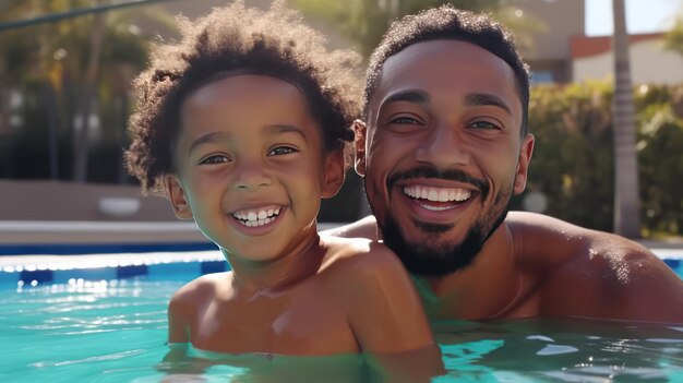 Porträt eines glücklichen kleinen Jungen mit seinem Vater im Pool