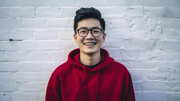 Porträt eines glücklichen lächelnden asiatischen Hipster-Mannes junger Mann in rotem Hoodie lächelnd fröhlich aussehender Cam