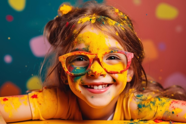 Porträt eines glücklichen, lächelnden kleinen Mädchens mit Brille und farbenfroher Farbe auf der Haut.