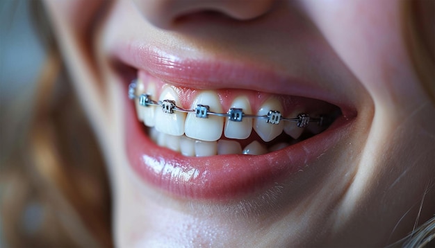 Foto porträt eines glücklichen lächelnden teenager-mädchens mit zahnspange porträt von zähnen mit zahnstange teenager-frau