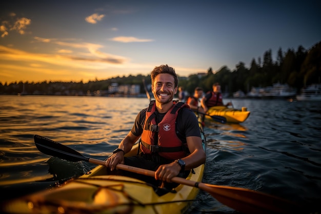 Foto porträt eines glücklichen mannes, der bei sonnenuntergang auf dem see kajak paddelt