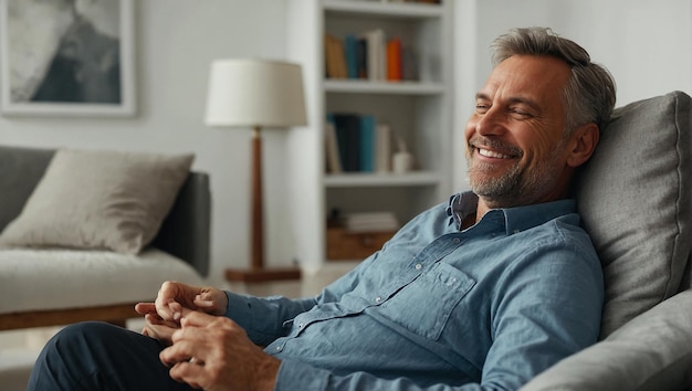 Porträt eines glücklichen Mannes, der zu Hause in seiner geräumigen und hellen Wohnung Entspannungsübungen macht