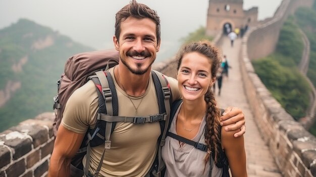 Porträt eines glücklichen Paares Touristen mit Rucksack an der Großen Mauer in China Generative KI