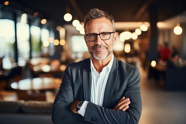 Porträt eines glücklichen, reifen Geschäftsmanns mit Brille, der im Büro in die Kamera schaut