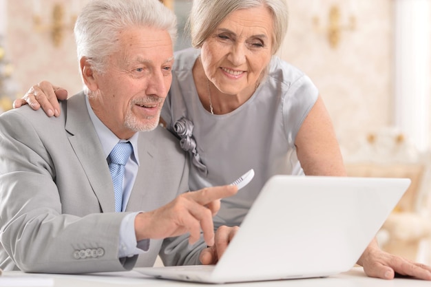 Porträt eines glücklichen, schönen Seniorenpaares, das zu Hause Laptop verwendet