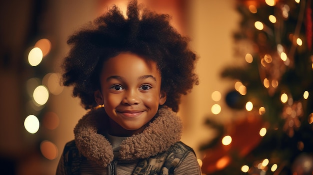 Porträt eines glücklichen schwarzen Kindes in der Nähe des Neujahrsbaums am Heiligabend