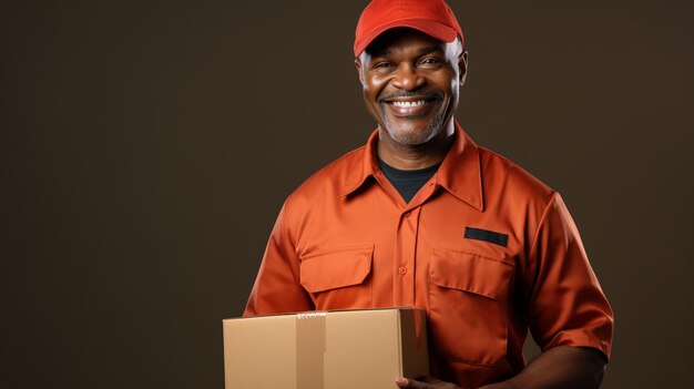 Porträt eines glücklichen schwarzen Mannes in Uniform, der ein Paket hält und zur Kamera lächelt