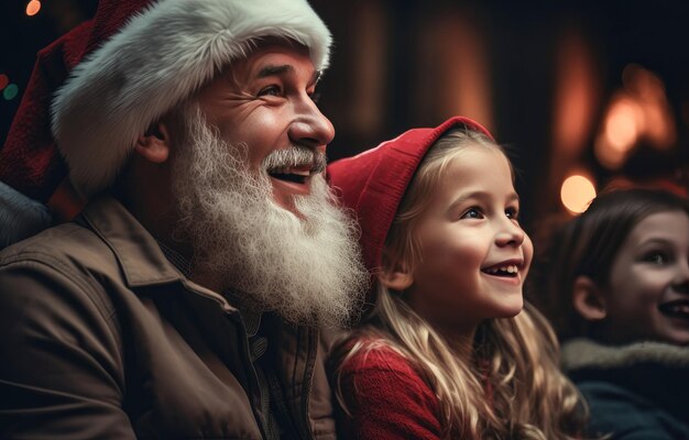 Porträt eines glücklichen Vaters und seiner Kinder in Weihnachtsmannshüten Weihnachten und Neujahr