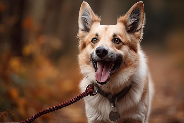 Porträt eines glücklichen walisischen Corgi-Hundes im herbstlichen Wald, KI generiert