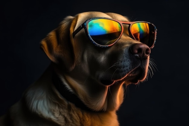 Porträt eines Golden Retrievers mit Sonnenbrille auf generativer KI im Studiohintergrund