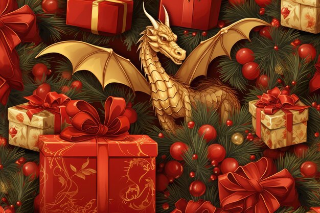 Foto porträt eines goldenen magischen fantasie-drachen auf festlichem hintergrund mit weihnachtsgeschenkkisten